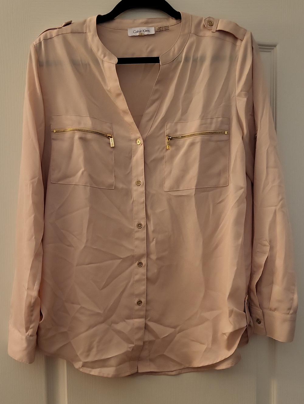 Calvin Klein Women's Blush Pink Button-Down Pocket Blouse